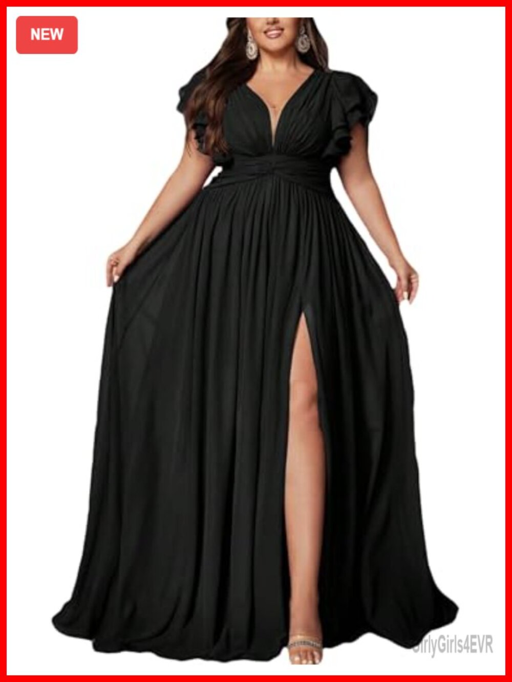 Plus Size A-Line Formal Gown Ruffle Sleeve V-Neck High Slit Bridesmaid Dress